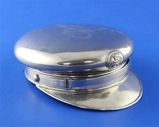 A late Victorian silver plated novelty trinket box modelled as a Naval officers cap, 5.25in.